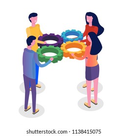 Teamwork concept isometric, people working together, business team solution. Vector illustration.