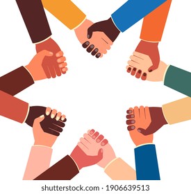 Teamwork concept - joined holding hands of people from different races and countries in star shape. Isolated vector illustration of diversity and group unity symbol.