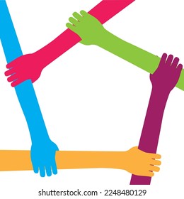 Teamwork concept - joined holding hands of different people in star shape. Isolated vector illustration of diversity and group unity symbol.