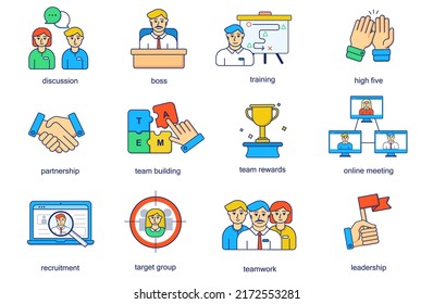 Teamwork concept line icons set. Pack outline pictograms of discussion, boss, training, high five, partnership, team building, group, online meeting. Vector flat elements for mobile app and web design