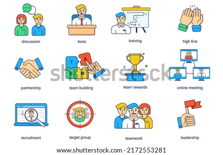 Teamwork concept line icons set. Pack outline pictograms of discussion, boss, training, high five, partnership, team building, group, online meeting. Vector flat elements for mobile app and web design