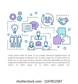 Teamwork concept linear illustration. Networking and coworking. Business partnership. Investors. Article, brochure, magazine page layout. Thin line icons with text boxes. Vector isolated drawing