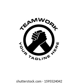 Teamwork concept logo with holding hands vector template