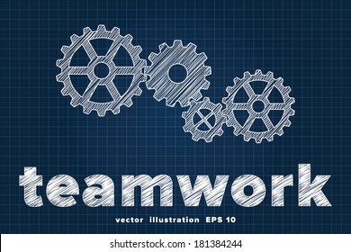 Teamwork concept with mechanical gears sketched on blueprint