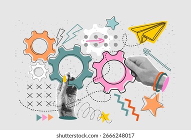 Conceito de trabalho em equipe. Colagem moderna com mãos de meio-tom segurando engrenagens. Conceito de solução de negócios. Inovação e otimização. Suporte técnico