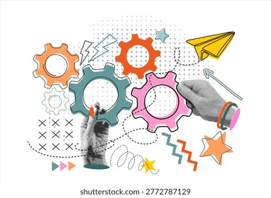 Teamwork concept. Modern collage with halftone hands holding light bulb, gears and flying paper plane. Business solution concept. Innovation and optimization. Big idea and start up. Technical support
