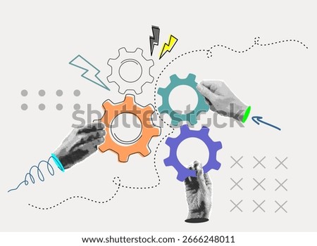 Teamwork concept. Modern collage with halftone hands holding gears. Business solution concept. Innovation and optimization. Technical support