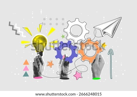Teamwork concept. Modern collage with halftone hands holding light bulb, gears and flying paper plane. Business solution concept. Innovation and optimization. Big idea and start up. Technical support