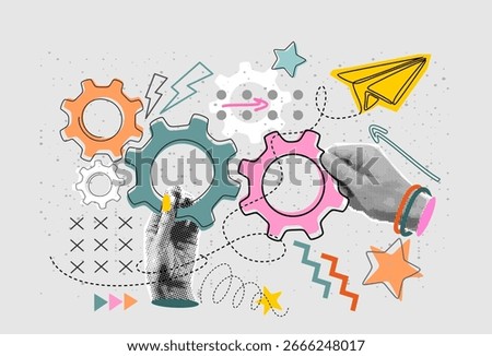 Teamwork concept. Modern collage with halftone hands holding gears. Business solution concept. Innovation and optimization. Technical support