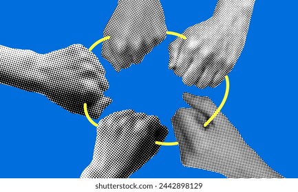 Teamwork-Konzept. Moderne Collage. Retro-Halbtonhände halten das Seil zusammen. Eine Gruppe von Leuten, die sich zusammensetzen. Das Konzept von Gemeinschaft, Partnerschaft, Einheit. Draufsicht. Zeitungsausschnitte