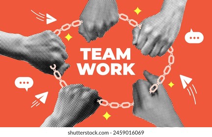 Teamwork-Konzept. Moderne Collage. Retro-Halbtonhände halten die Kette zusammen. Unternehmer als Link der Geschäftskette. Team-Anschluss. Konzept der Partnerschaft, Einheit. Draufsicht. Mitarbeit