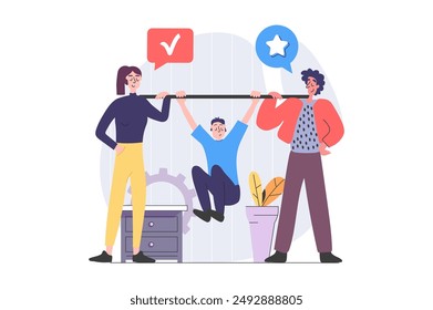 Concepto de trabajo en equipo en diseño plano moderno para el Web. Hombre y mujer cooperando y comunicándose en equipo, ayudándose y apoyándose mutuamente, intercambiando ideas y encontrando oportunidades. Ilustración vectorial