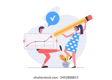 Teamwork concept in modern flat design for web. Man and woman cooperating, communicating and doing project task together, working with data graph and making chart analysis. Vector illustration.