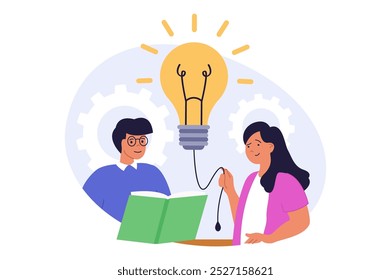 Concepto de trabajo en equipo en diseño plano moderno para el Web. Hombre y mujer intercambiando ideas y encontrando ideas, creando proyectos y trabajando en equipo, desarrollando negocios y logrando objetivos. Ilustración vectorial.
