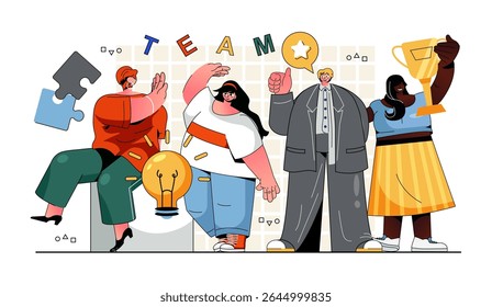 Teamwork concept for modern web design. People colleagues collaborate on project, brainstorming new ideas, developing business, winning awards. Flat vector illustration isolated on white background.