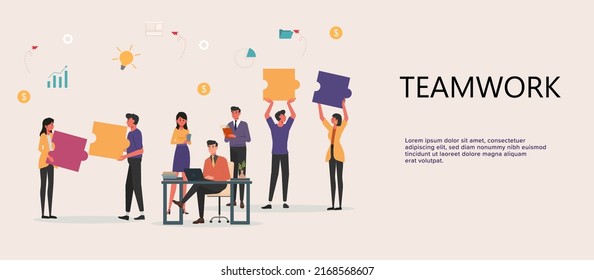 Teamwork Concept Of Office Worker Vector Illustration. Symbol Of Teamwork, Cooperation, Partnership. Business Concept. Team Metaphor. People Connecting Puzzle Elements.  Web Banner. 