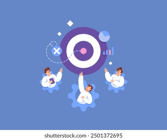 teamwork concept. operating a business together and discussing business goals. illustration of a team working together to determine business targets. flat style design. graphic elements