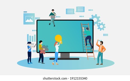 Teamwork concept. People with big computer display and floating icons