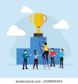 Concepto de equipo Personas trepando a trofeos por las escaleras