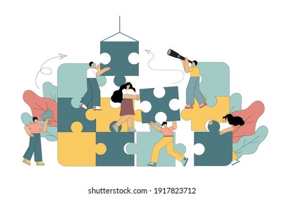 Teamwork concept. People connect puzzle pieces. Effective team. Vector flat illustration on white background