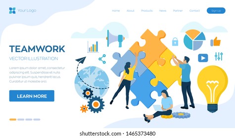 Teamwork concept. People connecting puzzle elements. Business team. Symbol of teamwork, cooperation, partnership, association and connection. Team metaphor. Business concept. Vector Illustration.