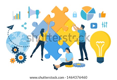 Teamwork concept. People connecting puzzle elements. Business team. Symbol of teamwork, cooperation, partnership, association and connection. Team metaphor. Business concept. Vector Illustration.