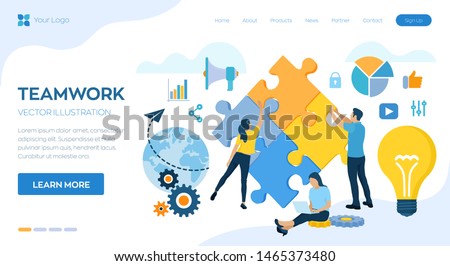 Teamwork concept. People connecting puzzle elements. Business team. Symbol of teamwork, cooperation, partnership, association and connection. Team metaphor. Business concept. Vector Illustration.