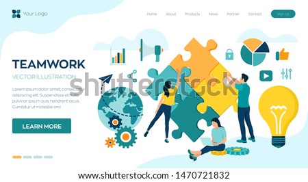 Teamwork concept. People connecting puzzle elements. Business team. Symbol of teamwork, cooperation, partnership, association and connection. Team metaphor. Business concept. Vector Illustration.