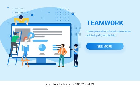 Concepto de trabajo en equipo. Personas decorando la pantalla gigante de la computadora