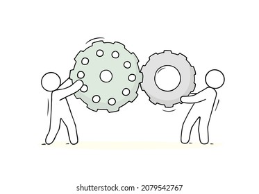 Teamwork concept with people holding gears. Business team work, cooperation company. Vector doodle illustration with workers or partners connect cog wheels isolated on white background