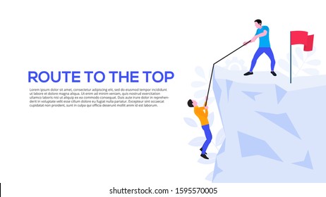 Teamwork concept with people, mountain and flag. Flat vector illustration. Landing page template for web.
