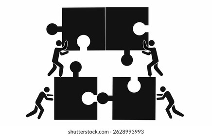 Teamwork concept with people pushing puzzle pieces together. Perfect for business, collaboration, partnership, and strategy visuals in presentations or web.