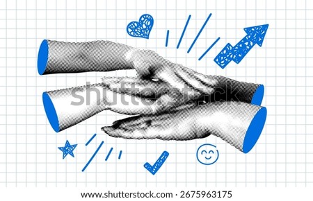 Teamwork concept. People putting  their hands together. Modern collage with pile of arms folded on top of each other. Team building. Creative collaboration. Employee meeting for motivation