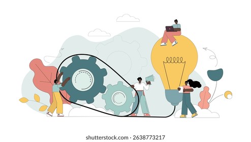 Teamwork concept. People rotate gears, cogwheels for light bulb operation, ideas. Workflow management. Search for new ideas