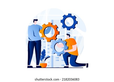 Concepto de trabajo en equipo con escenas de personas en diseño de caricaturas planas. Los hombres crean flujos de trabajo y optimizan procesos, brainstorming, trabajando juntos y en asociación. Historia visual de ilustración de vector para web