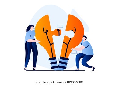 Teamwork concept with people scene in flat cartoon design. Man and woman brainstorming, creating new solving and optimize processes, working in team together. Vector illustration visual story for web