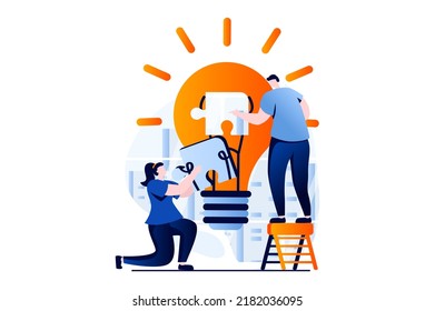 Teamwork concept with people scene in flat cartoon design. Man and woman creating new solving and ideas for business, optimize processes, working together. Vector illustration visual story for web