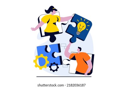 Teamwork concept with people scene in flat cartoon design. Man and woman working together, generating creative ideas, optimize and settings business process. Vector illustration visual story for web