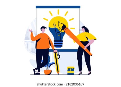 Concepto de trabajo en equipo con escenas de personas en diseño de caricaturas planas. Hombre y mujer trabajando juntos como artista, generando ideas creativas, dibujando y discutiendo tareas. Historia visual de ilustración de vector para web
