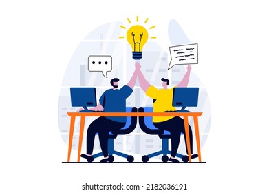 Concepto de trabajo en equipo con escenas de personas en diseño de caricaturas planas. Hombres trabajando juntos en equipo en la oficina, cooperación para los objetivos de logro, colaboración de colegas. Historia visual de ilustración de vector para web