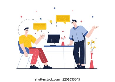 Teamwork concept with people scene in the flat cartoon style. Two colleagues work together in the office to improve the company. Vector illustration.