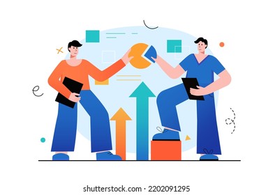 Concepto de trabajo en equipo con la escena de la gente en el diseño de caricaturas planas. Dos empleados están elaborando planes para la elaboración de un proyecto conjunto. Ilustración vectorial.