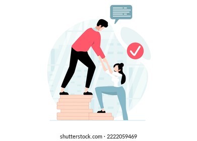 Concepto de trabajo en equipo con escenas de personas de diseño plano. El hombre ayuda y apoya a su colega, la mujer sube la escalera de la moneda, alcanza los objetivos de carrera. Ilustración de vector con situación de caracteres para web