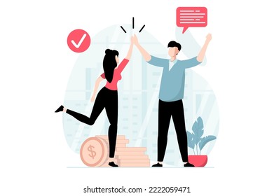 Teamwork concept with people scene in flat design. Man and woman give high five, discuss tasks and communicate, success cooperate and collaborate. Vector illustration with character situation for web