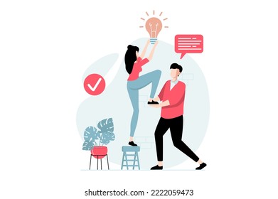 Teamwork-Konzept mit Menschen-Szene in flachem Design. Frauen entwickeln neue Lösungen und der Mensch unterstützt sie, Kollegen arbeiten zusammen und vollenden Aufgaben. Vektorgrafik mit Zeichensituation im Web