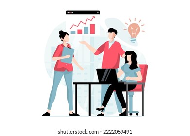 Teamwork concept with people scene in flat design. Colleagues analyze data and generate new ideas, discuss problems, find solutions for business. Vector illustration with character situation for web