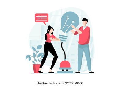 Concepto de trabajo en equipo con escenas de personas de diseño plano. El hombre y la mujer encuentran nuevas soluciones e innovaciones empresariales, generan ideas e ideas. Ilustración de vector con situación de caracteres para web