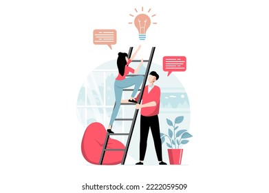 Teamwork concept with people scene in flat design. Colleagues generate new ideas and brainstorming, woman climbs ladder and man supports her. Vector illustration with character situation for web