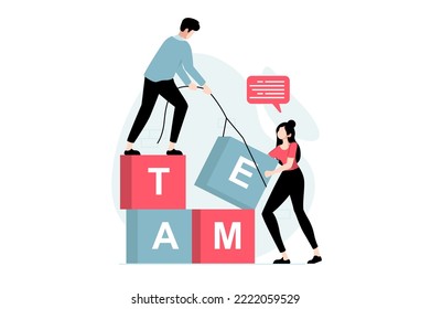 Teamwork concept with people scene in flat design. Man and woman build with blocks, do work tasks, support and help colleagues, team building. Vector illustration with character situation for web