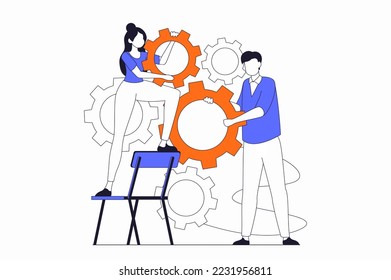 Concepto de trabajo en equipo con escenas de personas en diseño de contorno plano. Mujer y hombre con engranajes y configuración de flujo de trabajo, asociación y cooperación. Ilustración de vector con situación de caracteres de línea para web